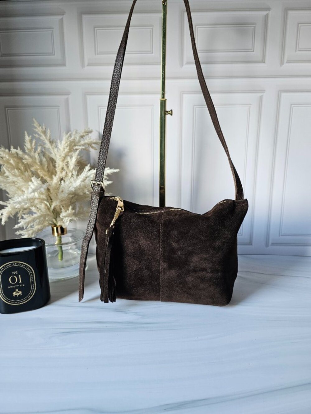 Dark Brown Suede Shoulder Bag, Soft Slouchy Italian Leather Purse, Short Strap